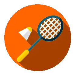 Badmintonschläger und Federball auf orangefarbenem Grund.