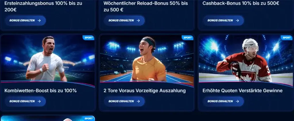 Übersicht der verschiedenen Bonus Aktionen beim Sportwetten Anbieter BoomerangBet