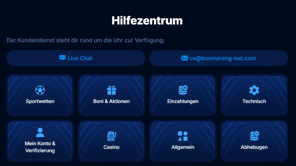 Bild vom Hilfezentrum beim Sportwetten Anbieter BoomerangBet