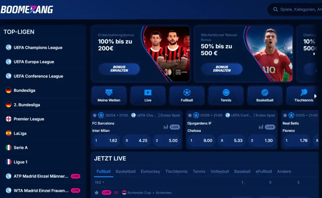 Übersicht der Wettmärkte beim Sportwetten Anbieter BoomerangBet