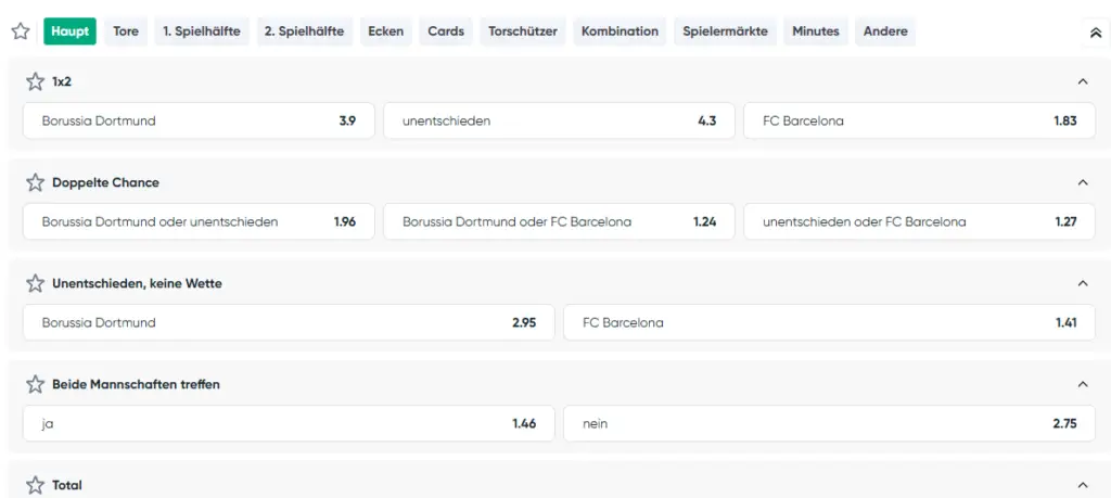 Auszug der Wettfunktionen bei Ivibet