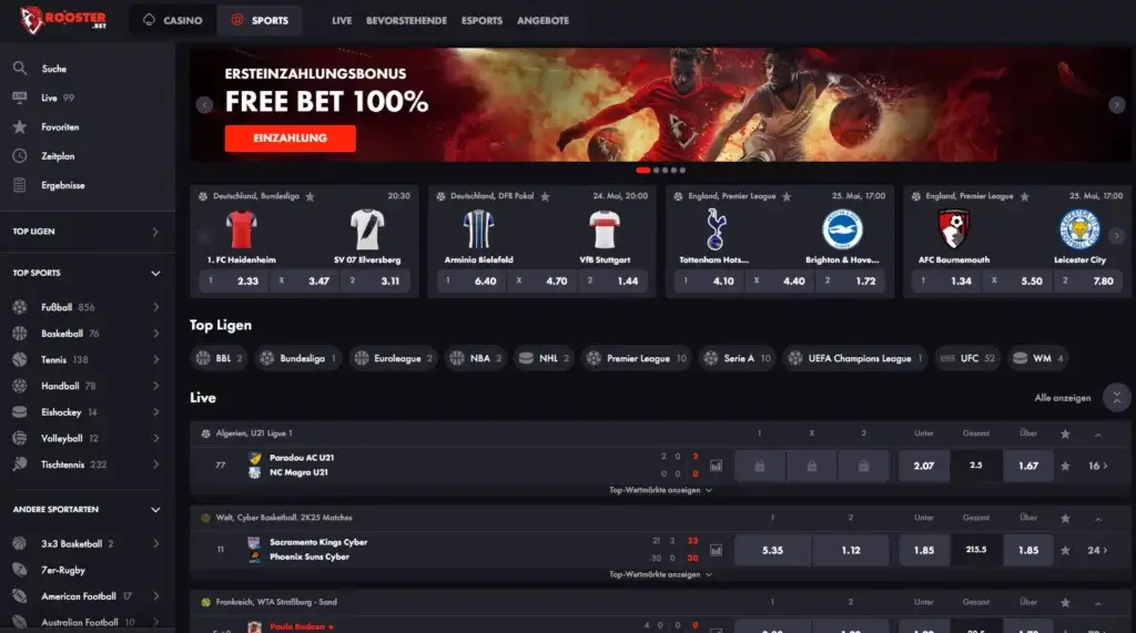 Auszug des Wettmarktes beim Sportwettenabieter Roosterbet