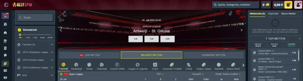 Übersicht des Sportwettenangebots beim Wettanbieter AllySpin