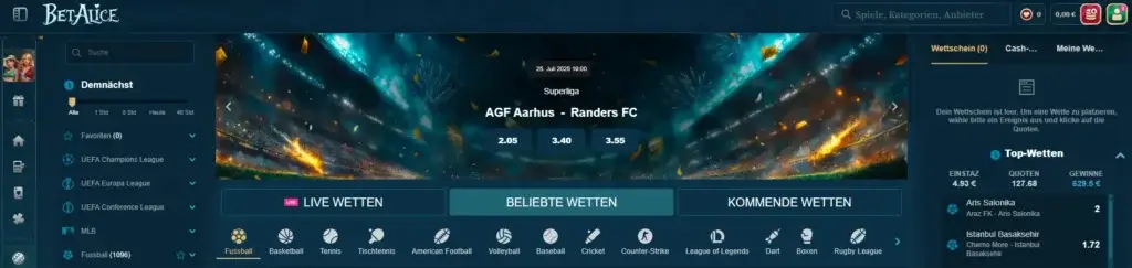 Einblick in das Sportwettenangebot vom Wettanbieter BetAlice