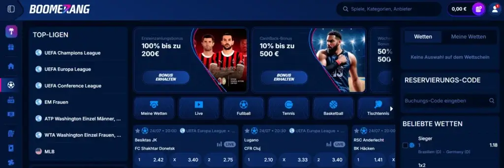 Einblick in das Sportwettenangebot vom Wettanbieter BoomerangBet