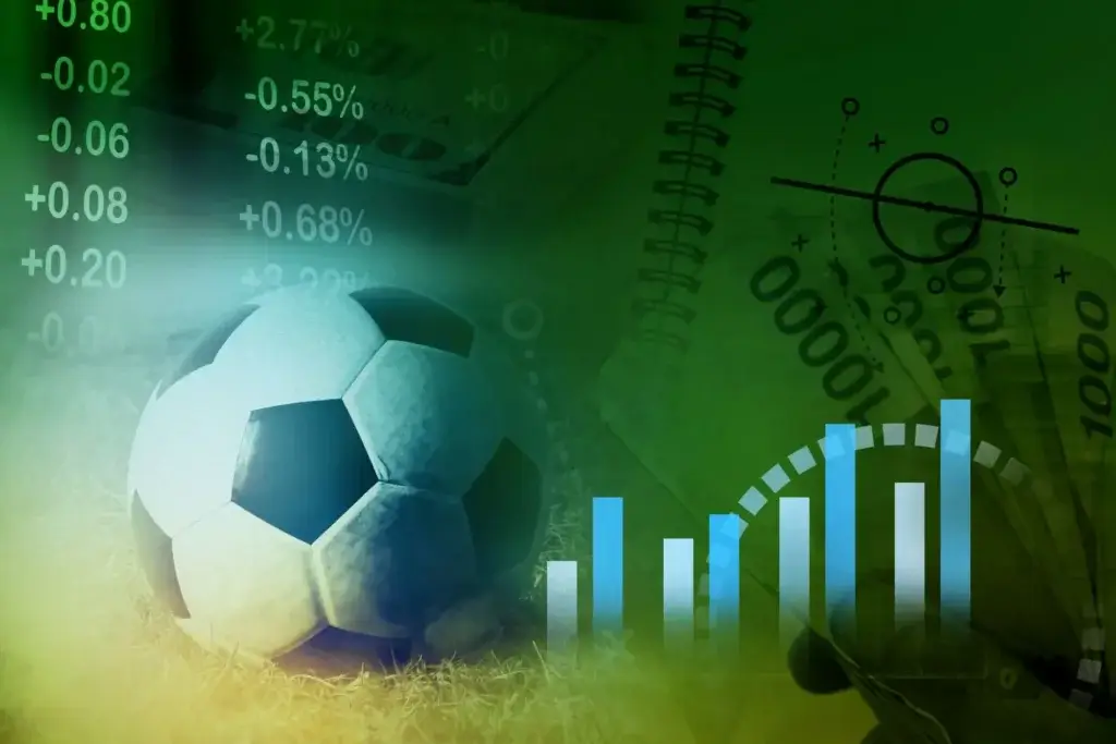 Fußball und Statistiken mit Balken im Hintergund Geldscheine und ein Notizblock