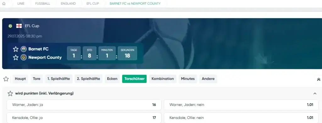 Auszug aus dem Torschuetzen Wetten Angebot von Ivibet