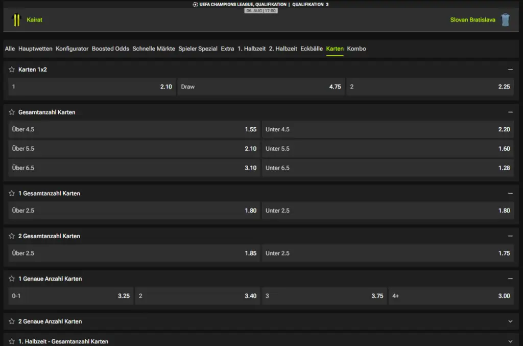 Karten Wetten beim Sportwetten Anbieter RT Bet