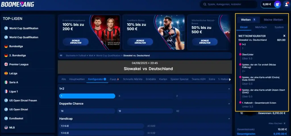 Konfigurator mit mehreren Auswahlen beim Wettanbieter BoomerangBet