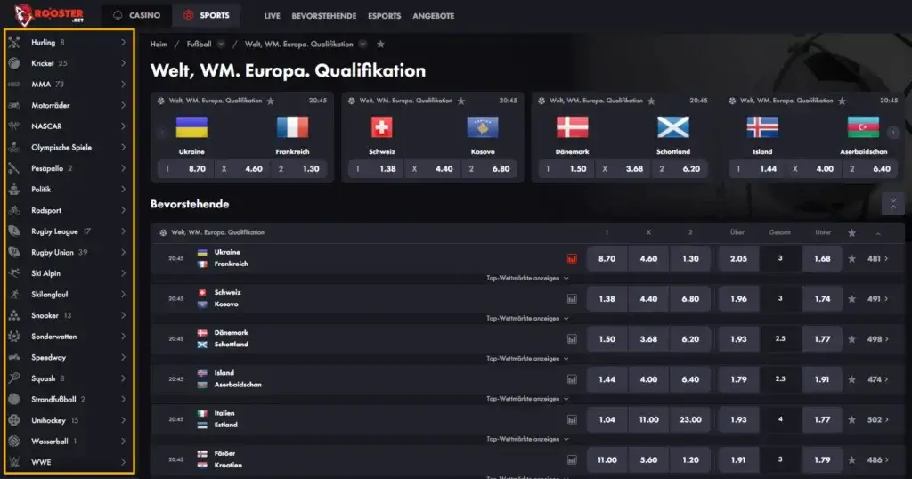 Einblick ins Programm für Sportwetten beim Curacao Wettanbieter RoosterBet