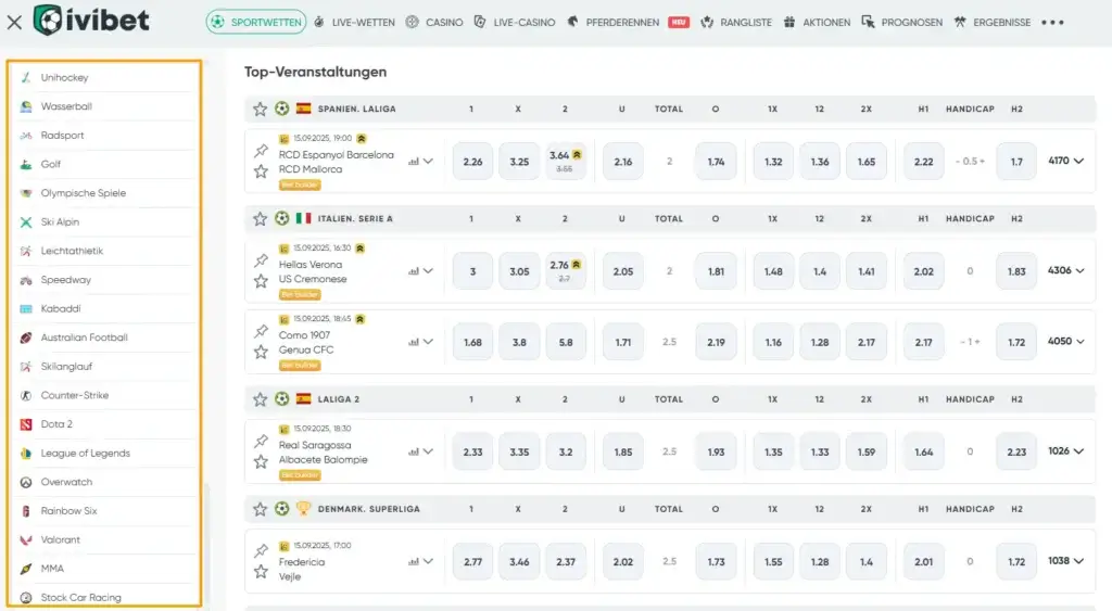 Breites Wettprogramm für Wetten ohne deutsche Lizenz bei Ivibet