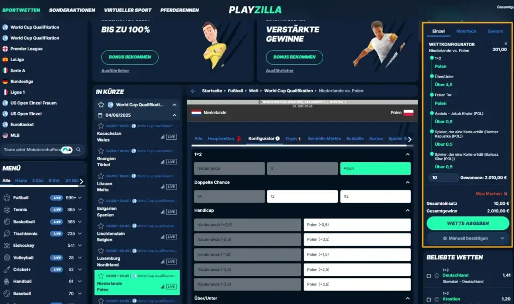 Beispiele für Wetten mit Konfigurator beim Sportwettenanbieter PlayZilla