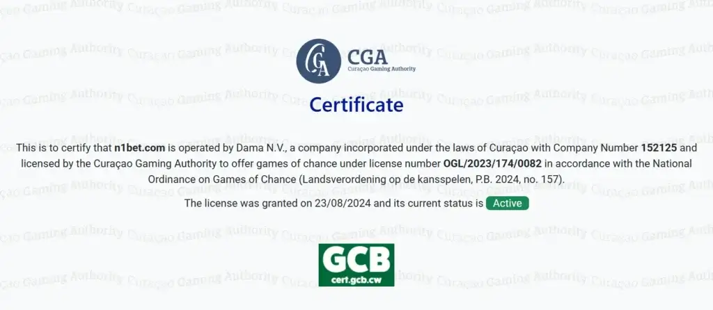 Nachweis der Curacao Lizenz von Wettanbieter N1 Bet