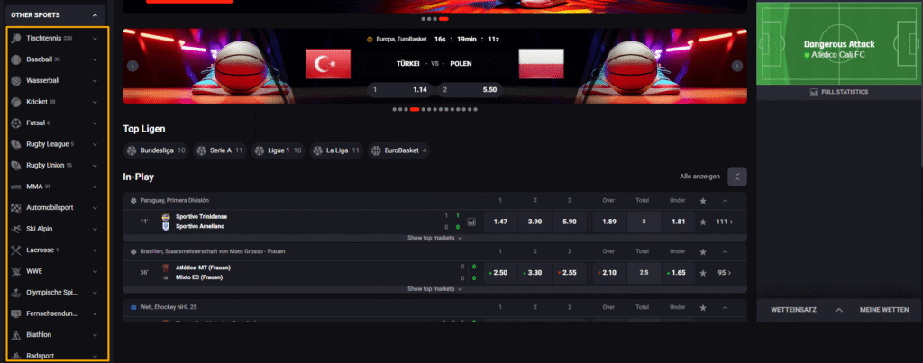 Sportwettenprogramm bei N1 Bet, einem Wettanbieter ohne OASIS