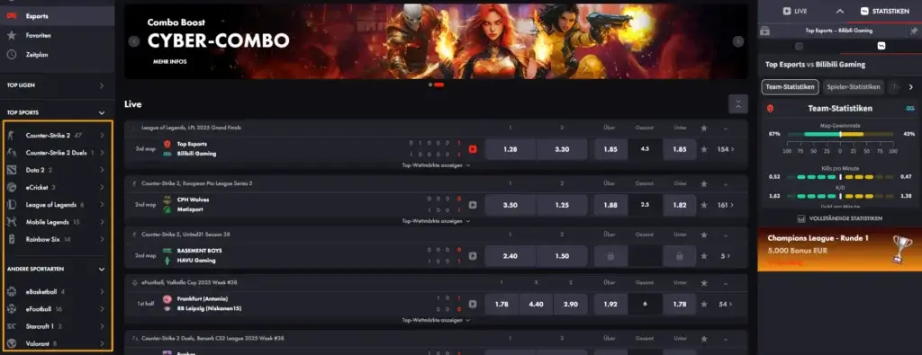 Esports-Wettprogramm bei Sportwetten ohne deutsche Lizenz bei RoosterBet