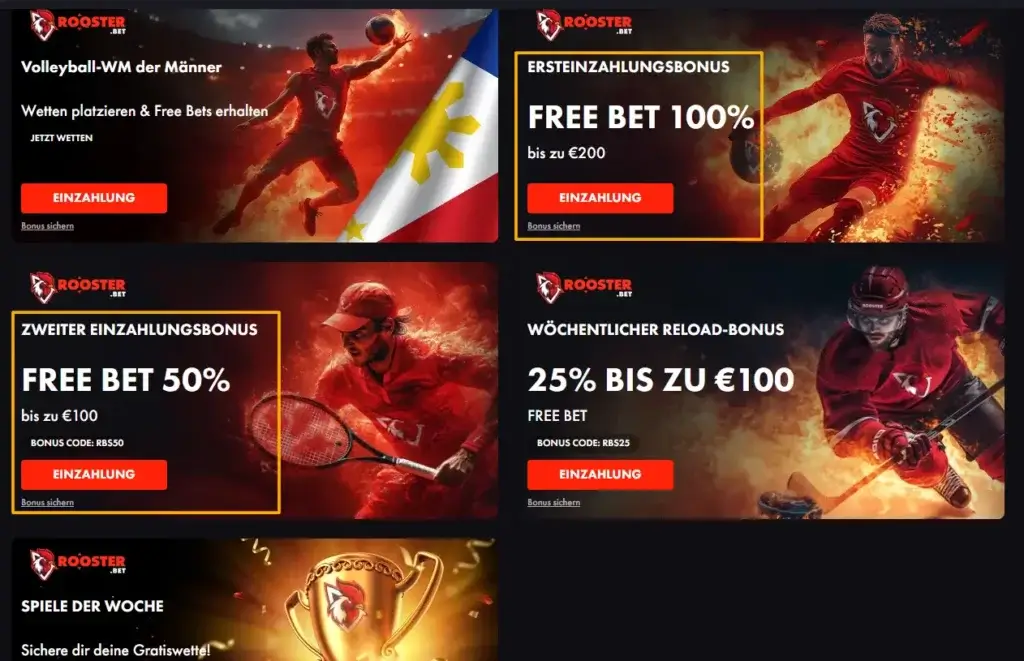 Bonusangebote im Programm des Wettanbieters RoosterBet