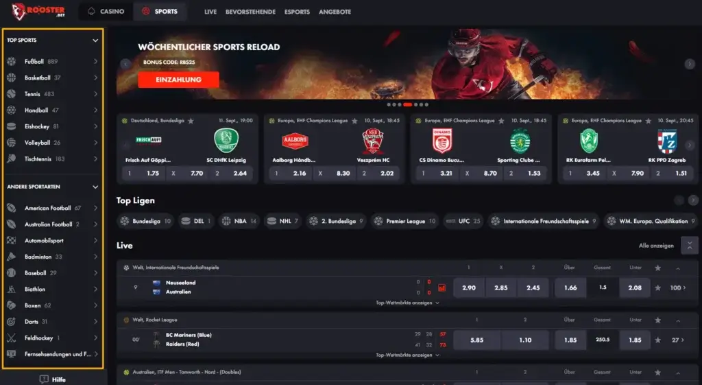 Wettprogramm von RoosterBet, einem neuen Wettanbieter ohne OASIS