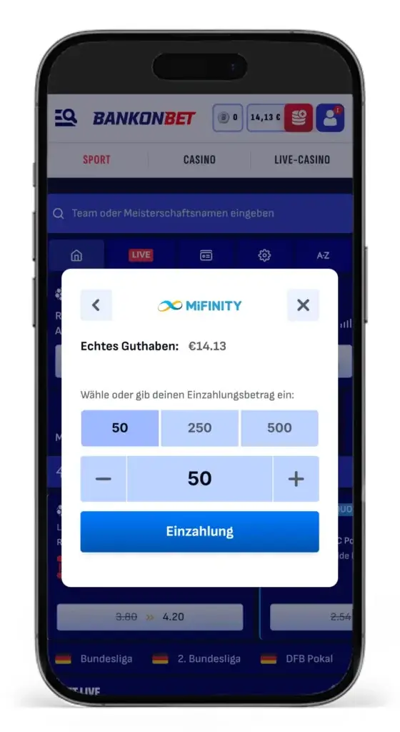 Einzahlung mit der Methode MiFinity fuer MiFinity Sportwetten bei Bankonbet