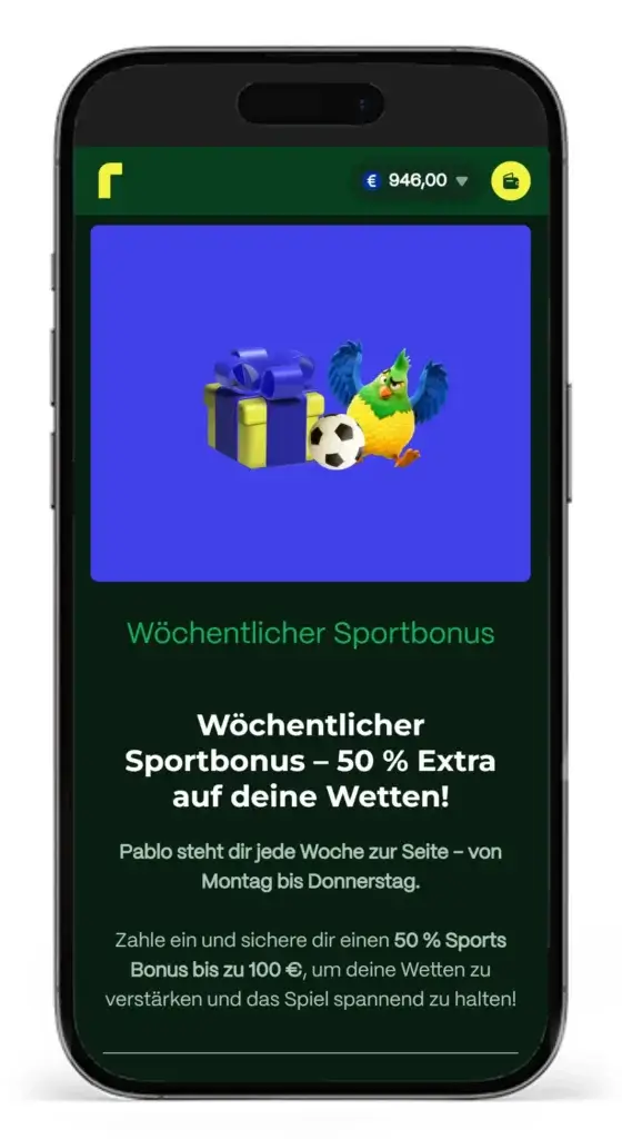 Woechentlicher Sportbonus vom Buchmacher Rioplay