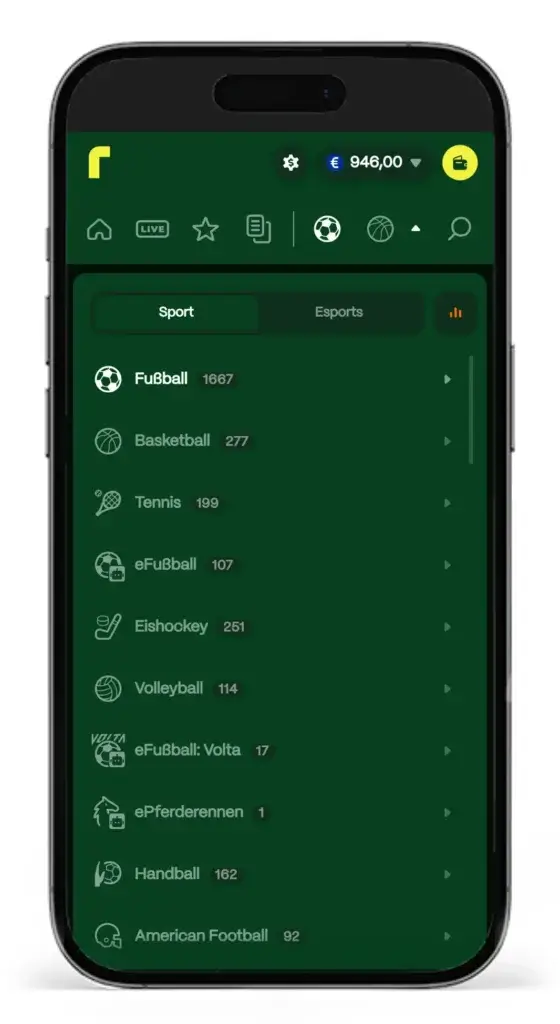 Auszug verrfuegbarer Sportarten fuer Sportwetten bei Rioplay