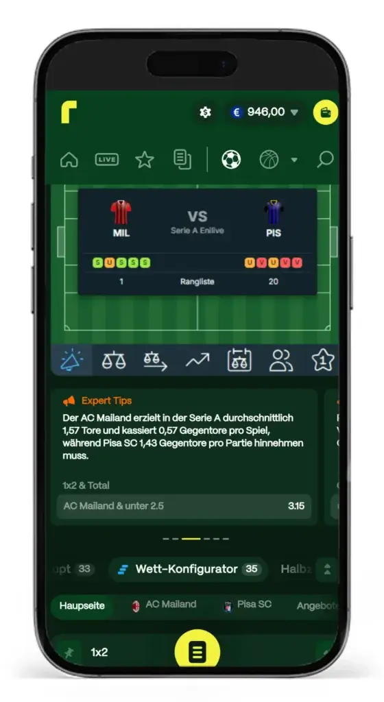 Wettfunktionen inklusive Wett-Konfigurator fuer Sportwetten beim Buchmacher Rioplay