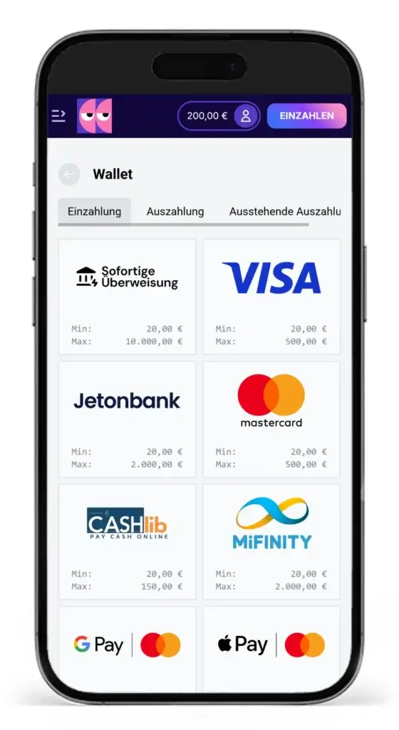 Auszug aus den Zahlungsmethoden fuer Einzahlungen beim Wettanbieter Blindluck