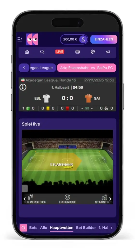 Livewetten bei Blindluck mit Animation des Spielverlaufs