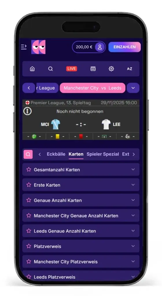 Seltene Wettarten inklusive Karten-Wetten auf das Premier League Spiel Manchester City gegen Leeds bei Blindluck