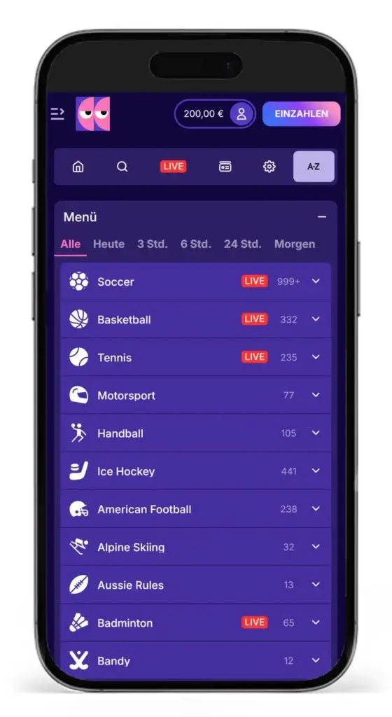 Einblick in das Wettprogramm bei Blindluck