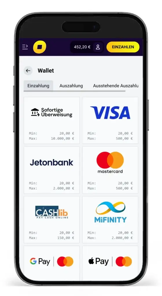Auszug aus den verfuegbaren Einzahlungsmethoden fuer Sportwetten beim Wettanbieter CasinoLoots