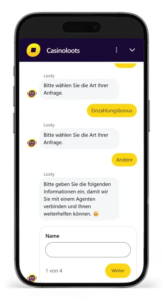 Livechat vom Wettanbieter CasinoLoots mit Chatbot und echten Kundendienstmitarbeitern