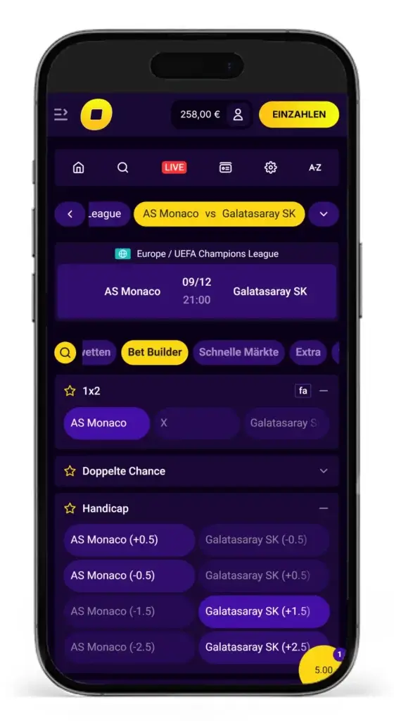 Bet-Builder-Funktion fuer Wetten auf das UEFA Champions League Spiel Monaco gegen Galatasaray vom Wettanbieter CasinoLoots
