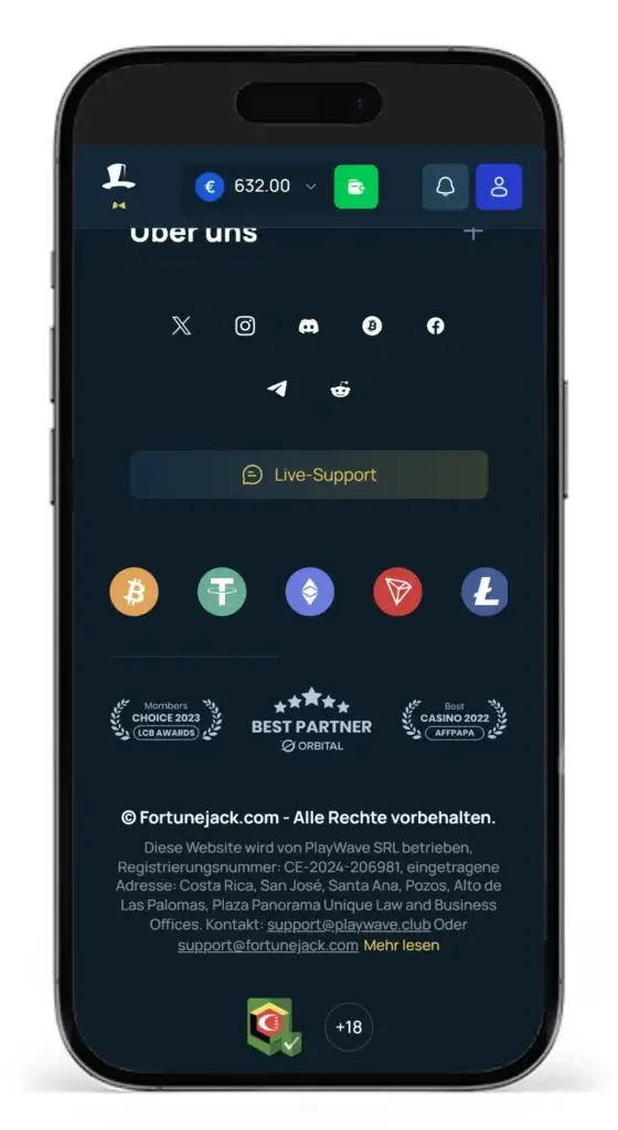 Wettseite des Buchmachers FortuneJack mit Hinweis zum Betreiber und Verlinkung der gueltigen Anjouan Lizenz