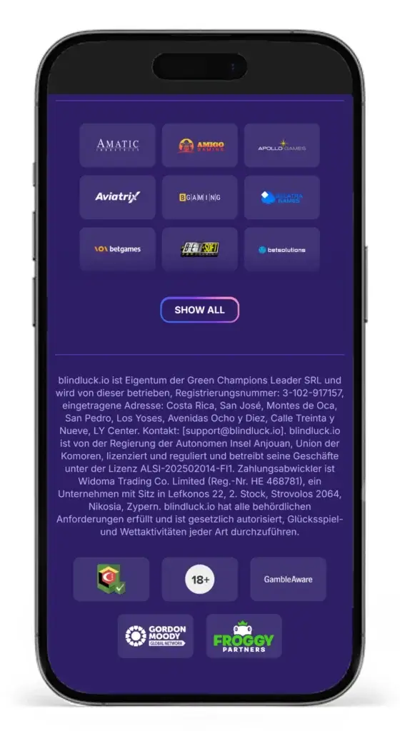 Footer-Bereich der Wettseite von Blindluck mit Angaben zum Betreiber und der Wettlizenz