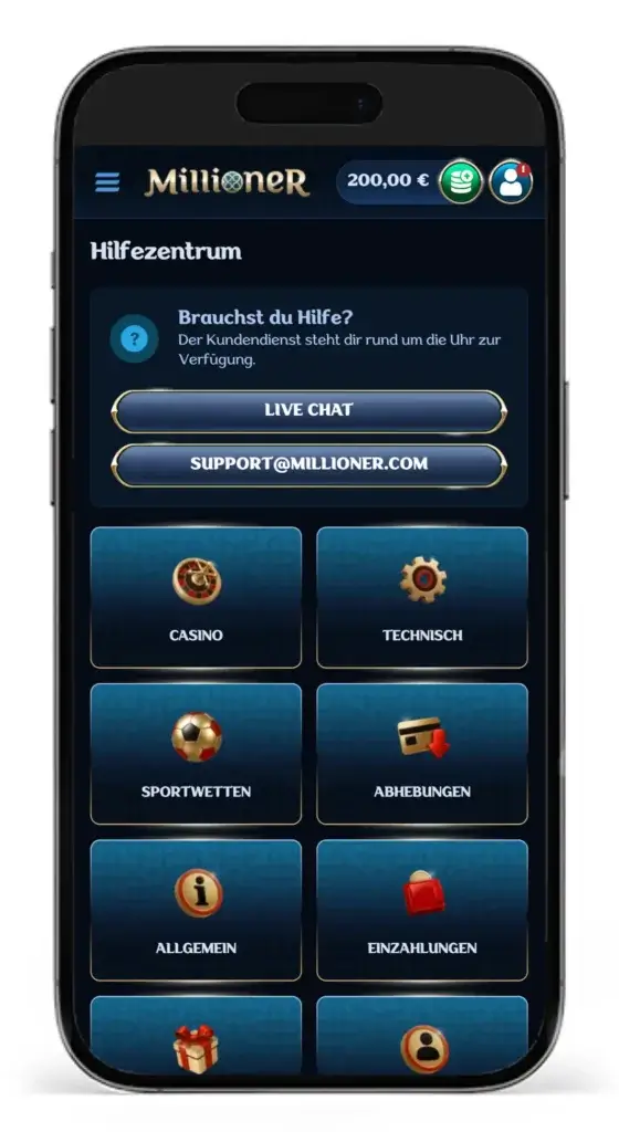Das Hilfezentrum von Millioner mit FAQ, Kontaktadresse und Link zum Live Chat
