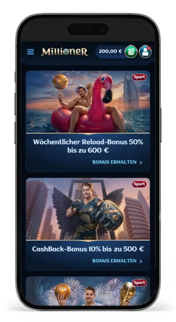 Einblick in das Treueprogramm von Millioner inklusive woechentlichem Cashback und Reload Bonus