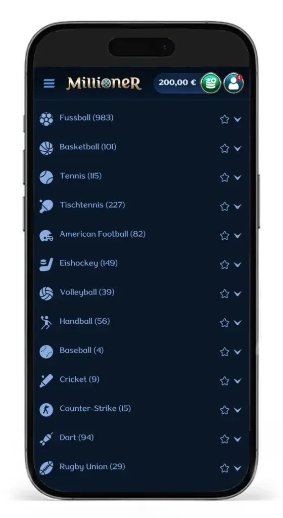 Einblick in die verfuegbaren Sportarten fuer Sportwetten beim Buchmacher Millioner