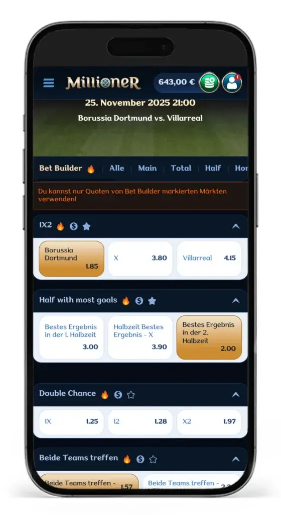 Wetten mit Wettkonfigurator von Millioner auf ein Champions League Spiel