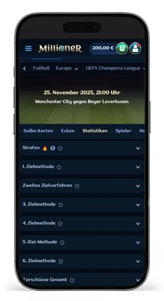 Einblick in die seltenen Wettarten unter der Rubrik Statistiken fuer ein Champions League Spiel bei Millioner