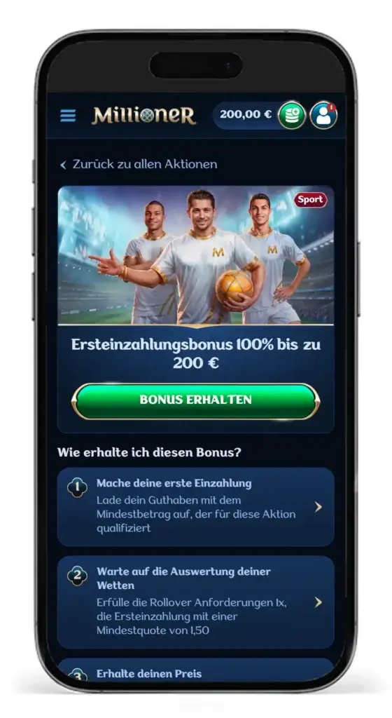Ersteinzahlungsbonus fuer Sportwetten vom Buchmacher Millioner
