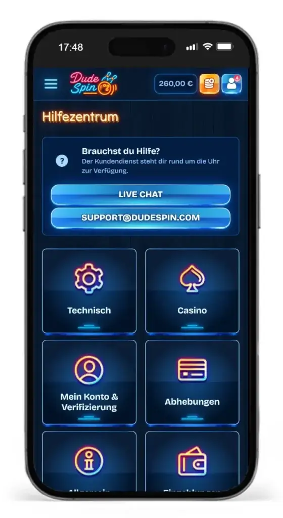 Hilfezentrum vom Wettanbieter DudeSpin mit Kontaktdaten des Kundendienstes