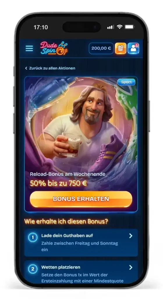 Woechentlicher Reload Bonus fuer Sportwetten beim Buchmacher DudeSpins