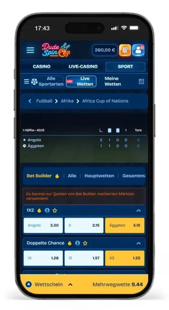 Wettschein mit Bet-Builder Funktion vom Buchmacher DudeSpins