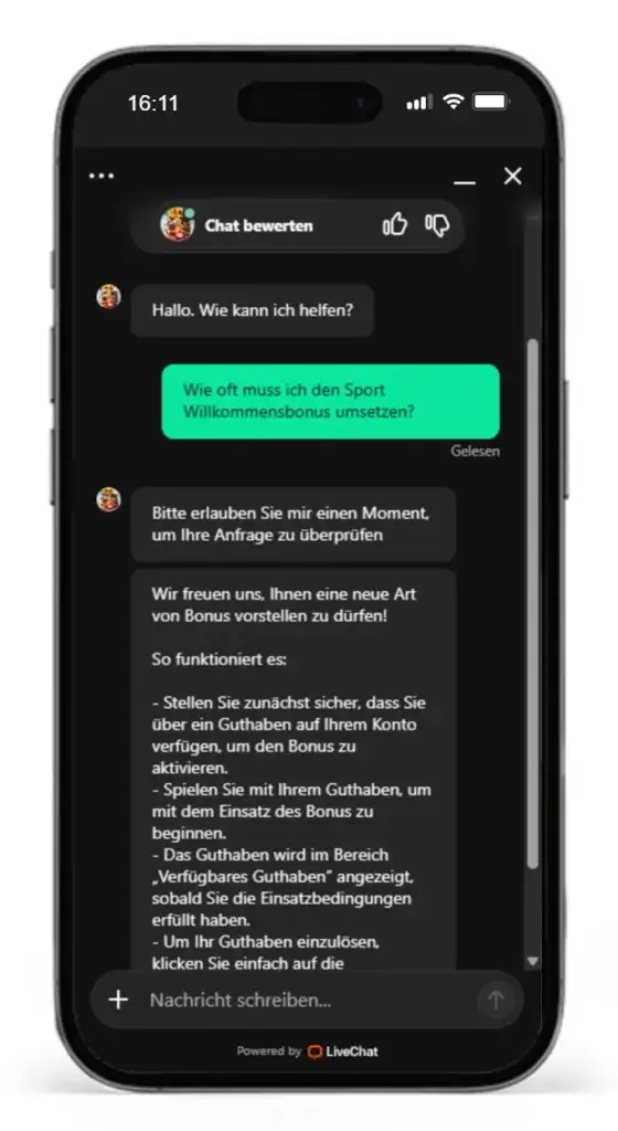 Konversation im Livechat mit einem Kundendienstmitarbeiter von GranaWin