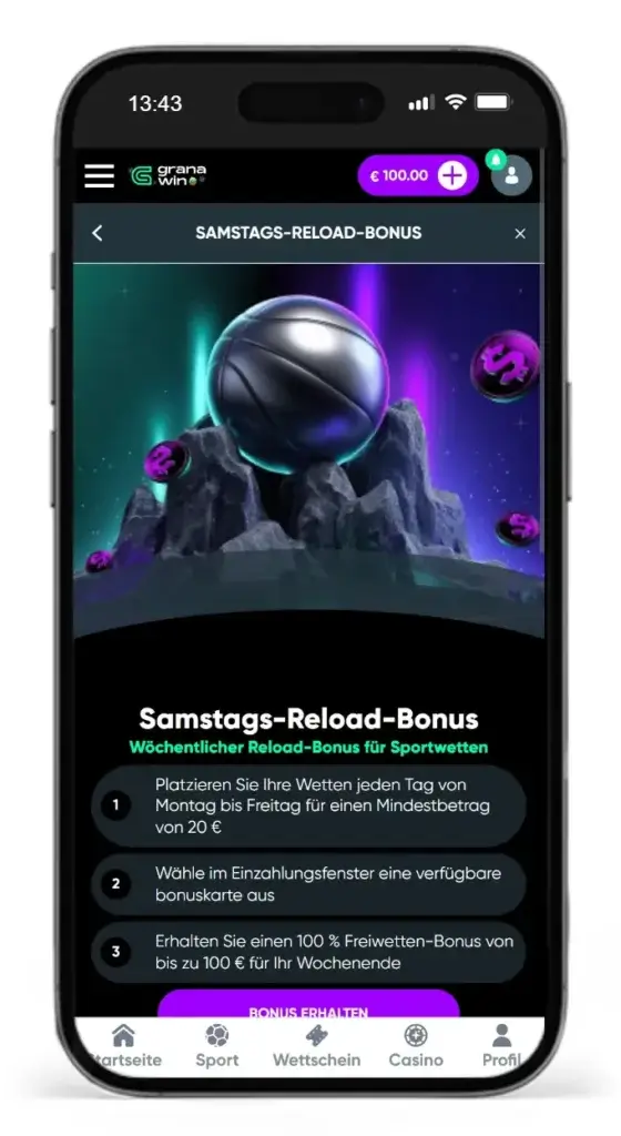 Woechentlicher Reload Bonus vom Online Wettanbieter fuer Sportwetten bei GranaWin