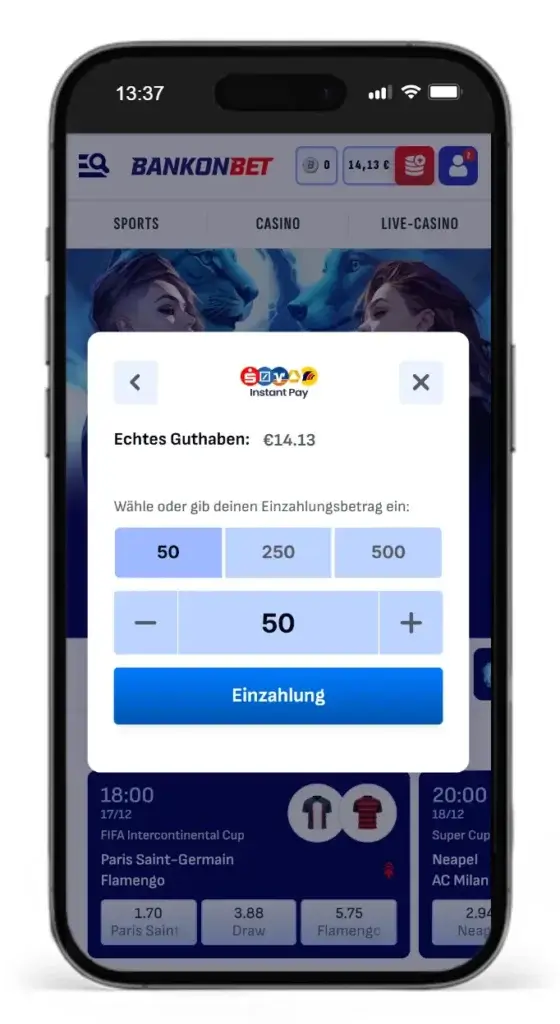 Instant Pay Zahlungsmethode bei Bankonbet fuer Sportwetten mit Klarna