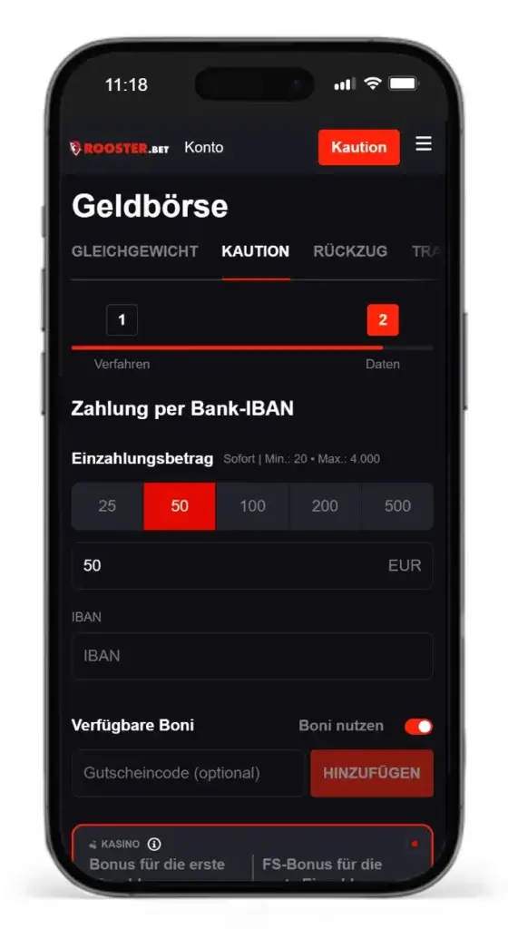 Einzahlungsvorgang bei Roosterbet fuer Sportwetten mit Sofortueberweisung