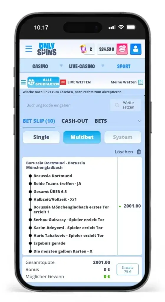 Wettschein mit Wettkonfigurator vom Online Buchmacher OnlySpins