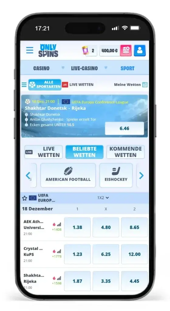 Einblick in die Wettauswahl auf Spiele der Europa Conference League bei OnlySpins