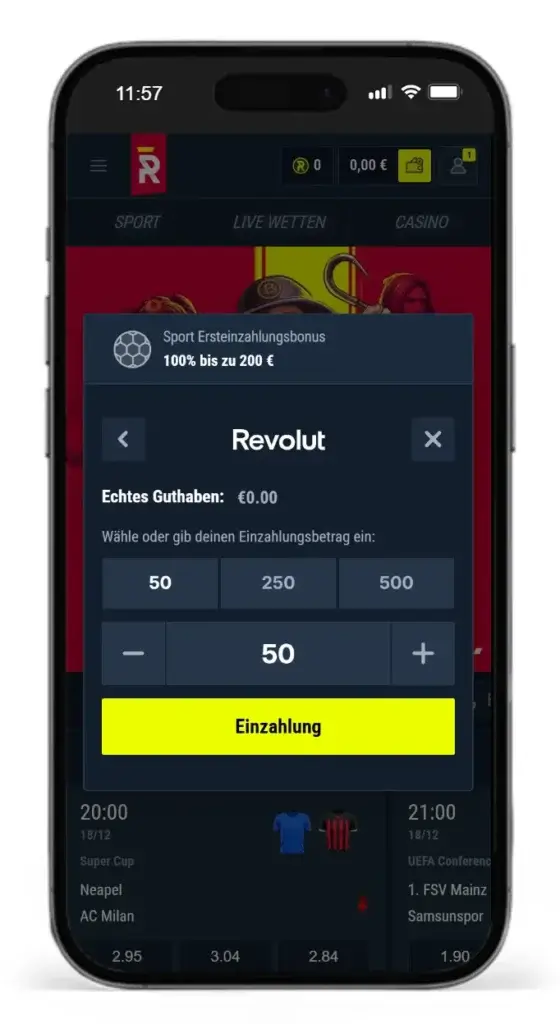 Einzahlungsvorgang beim Wettanbieter mit Revolut Rabona